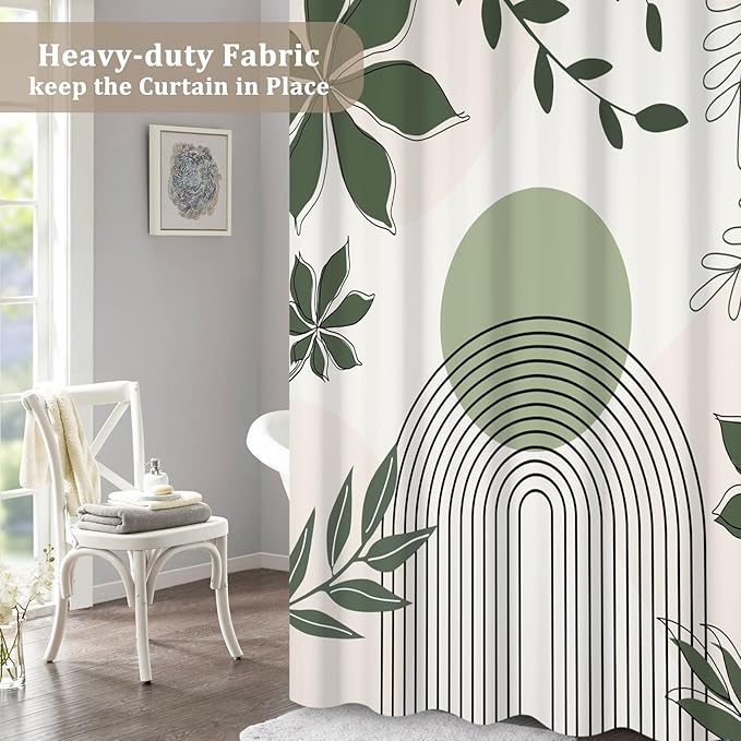 Boho Shower Curtain Modern Abstract Green Leaves Sun Bathroom Curtain Minimalist Geometric Arch Nature Fresh Decor Shower Curtain Waterproof Fabric with Hooks 60x72