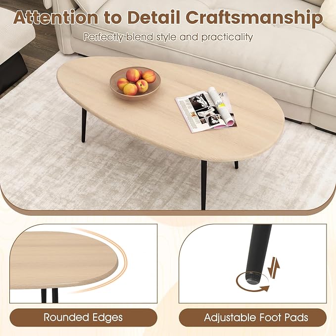 Giantex Oval Coffee Table, Mid Century Modern Center Table with Sturdy Metal Frame and Compact Design, Vintage Accent Cocktail Tea Table, Wood Living Room Tables for Small Spaces (Natural)