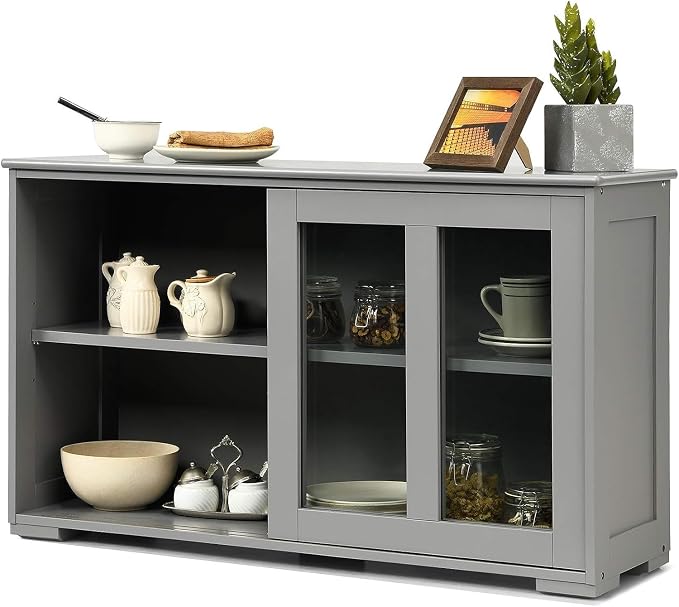 Byroce Sideboard Buffet Cabinet, Stackable Storage Coffee Bar Cabinet with Adjustable Shelf & Glass Sliding Doors, Wood Cupboard Credenza Console Table for Kitchen Dining Living Room (1, Grey)