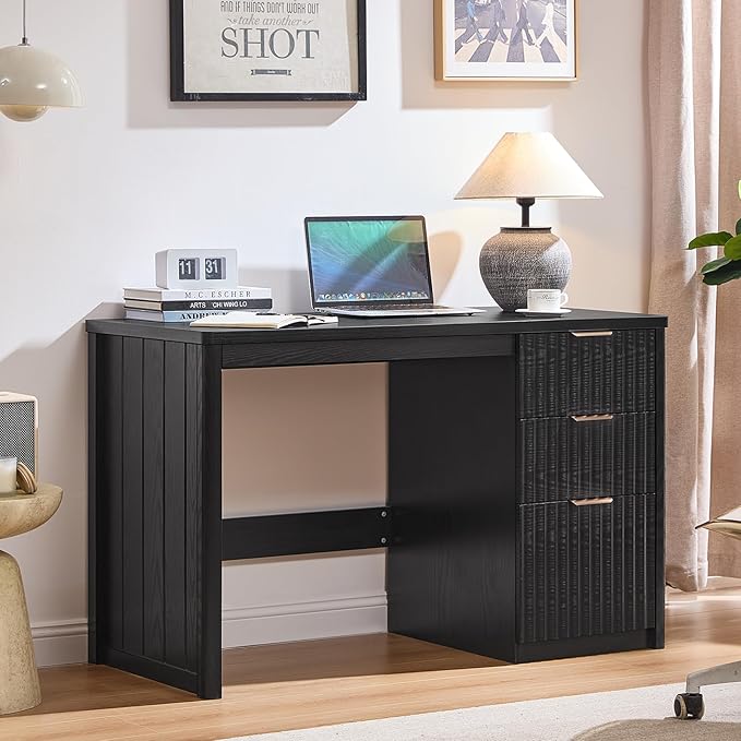 48" Modern Fluted Executive Desk with Storage Cabinet, Large Wood Home Office Desk with Golden Handles & File Drawer, Black Computer Writing Table for Office,Study, Living Room, Bedroom