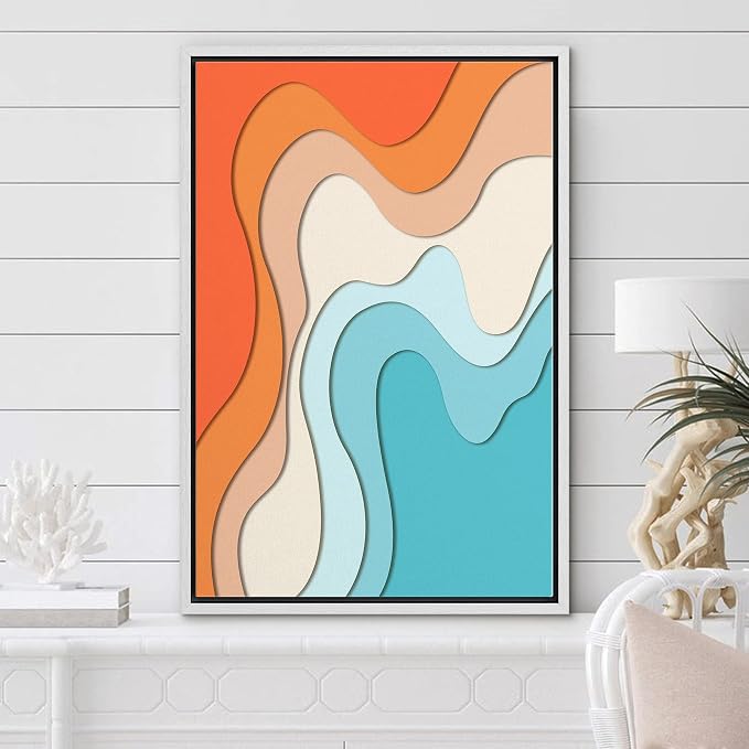 Woodrose Framed Canvas Print Wall Art Neon Orange, Tan & Blue Color Gradient Abstract Shapes Illustrations Modern Art Minimalist 3D Colorful Ultra for Living Room, Bedroom, Office - 16"x24" WHITE