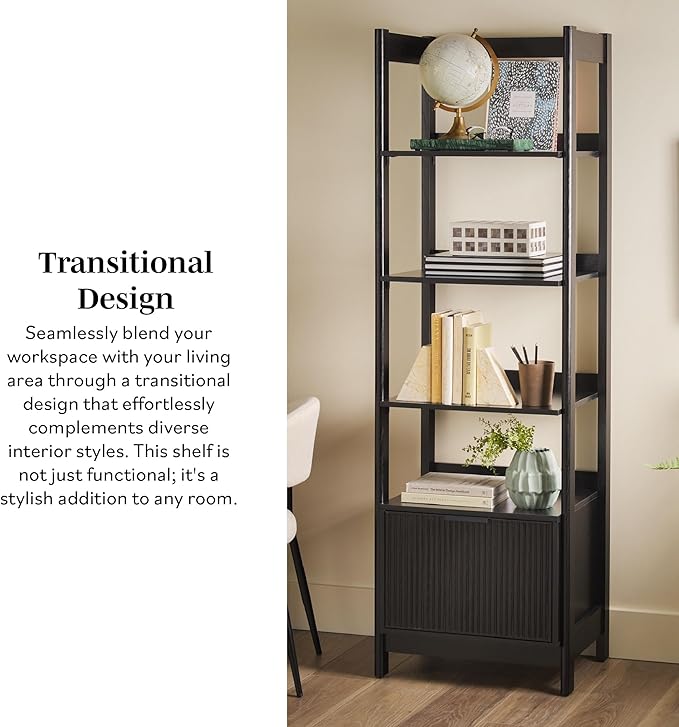 Walker Edison Transitional Reeded Narrow Open Bookshelf with Drawer on Bottom for Home Office, Living Room, Bedroom, 4-Shelf Bookcase with Bottom Storage, 22”W x 16.75”D x 70”H, Black