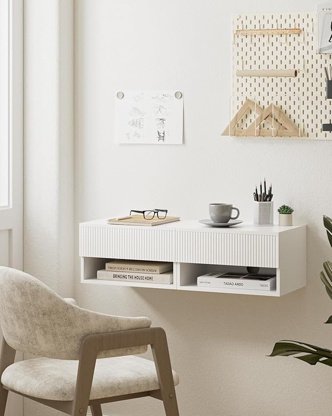 Modern Small Nightstand with Drawer, Floating Shelves for Bedroom, Bathroom (White Stripe)