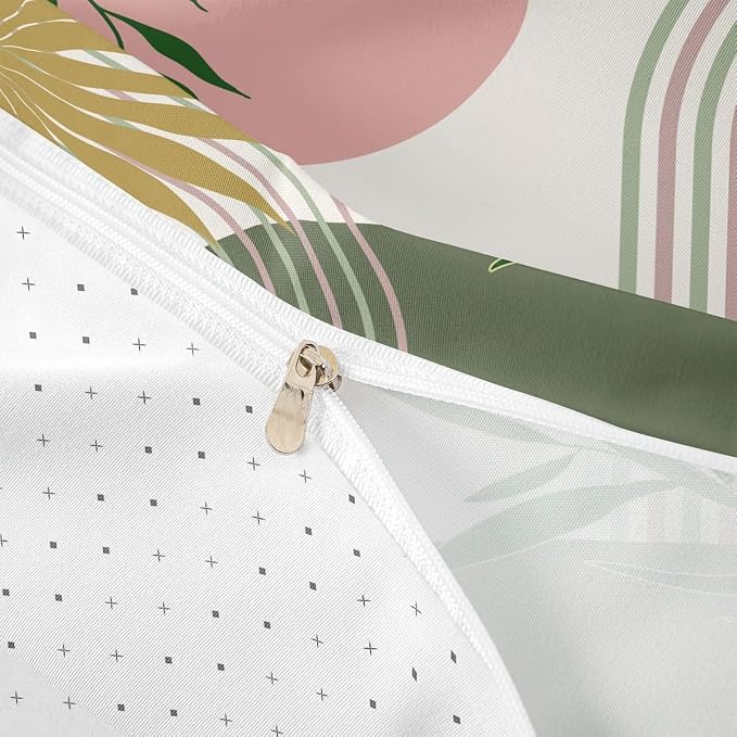 Abstract Geometric Duvet Cover Queen for Kids Teens Adults,Mid Century Green Pink Comforter Cover,Botanical Plant Leaves Bedding Set,Minimalist Simple Bed Set 3 Pcs Bedroom Decor