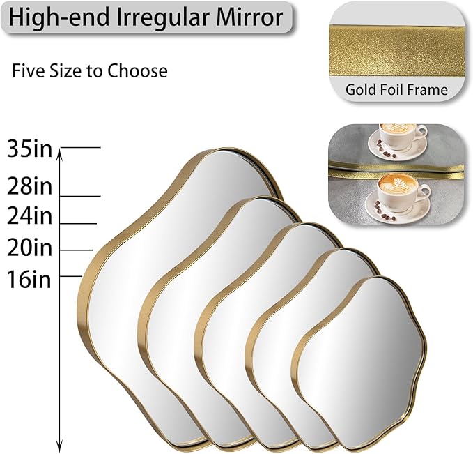 Asymmetrical Mirror, 28" Irregular Round Mirror with Gold Metal Frame, Modern Scalloped Wall Mirrors Decorative, Wavy Shaped Mirrors for Living Room Bathroom Bedroom Hallway Entryway