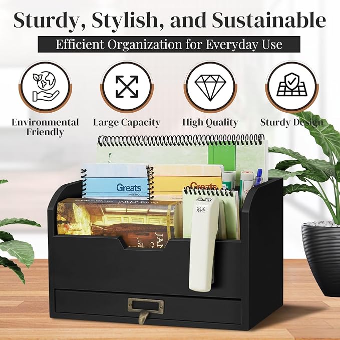 Flexzion 3 Tier Wooden Desk Organizer - Country Rustic Mail Organizer Countertop Compartments Slot File Tray Pencil Sorter Shelf Holder Accessories Set with Storage Drawer for Home Office, Light Brown