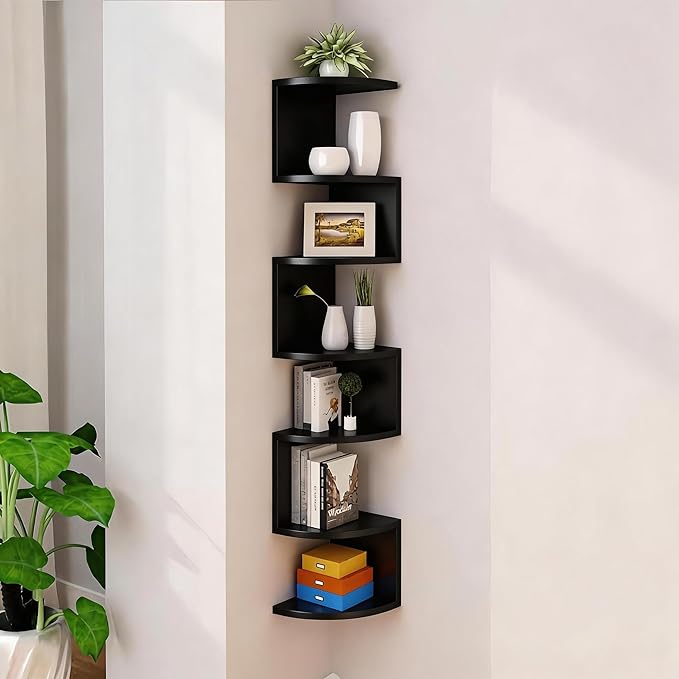 No-Drill Corner Shelf Wall Mount, 7-Tier Floating Corner Bookshelf with Hooks, Space-Saving Zigzag Plant Shelf for Bedroom, Living Room, Bathroom, Home Office（Black）