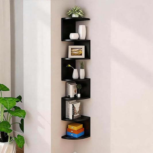 No-Drill Corner Shelf Wall Mount, 7-Tier Floating Corner Bookshelf with Hooks, Space-Saving Zigzag Plant Shelf for Bedroom, Living Room, Bathroom, Home Office（Black）