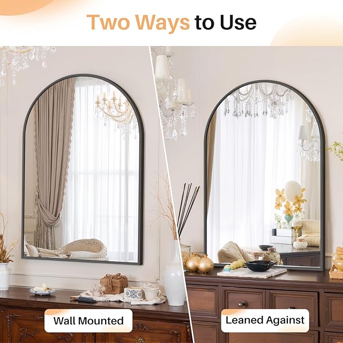 Bathroom Mirror for Wall, 36x24 Inch Arched Mirror, Matte Black Metal Framed Bathroom Vanity Mirrors for Restroom Farmhouse, Anti-Rust, Tempered Glass, Hanging or Leaning