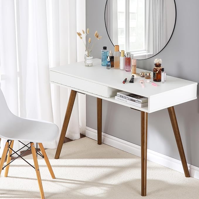 GAOMON Modern Simple Home Office Desk, Mid Century Modern Computer Writing Desk with Drawer Solid Wood Legs and Open Storage Cubby, Small Vanity Table Desk for Bedroom (White)