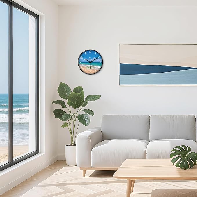 Coastal Beach Wall Clock, 12 Inch Silent Non-Ticking Battery Operated Analog Clock with LCD Date Day Temp Display, Decorative for Living Room, Bedroom, Kitchen, Beach House, Coastal Homes
