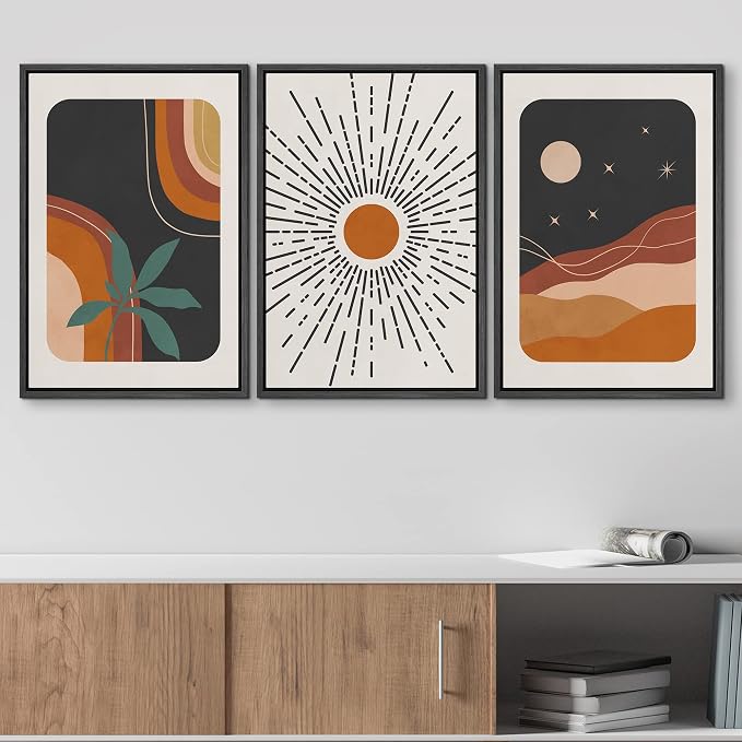 wall26 Framed Canvas Print Wall Art Set Boho Mid-Century Colorful Sun Moon Landscapes Nature Abstract Illustrations Modern Art Bohemian Decorative for Living Room, Bedroom, Office - 16"x24"x3 Black