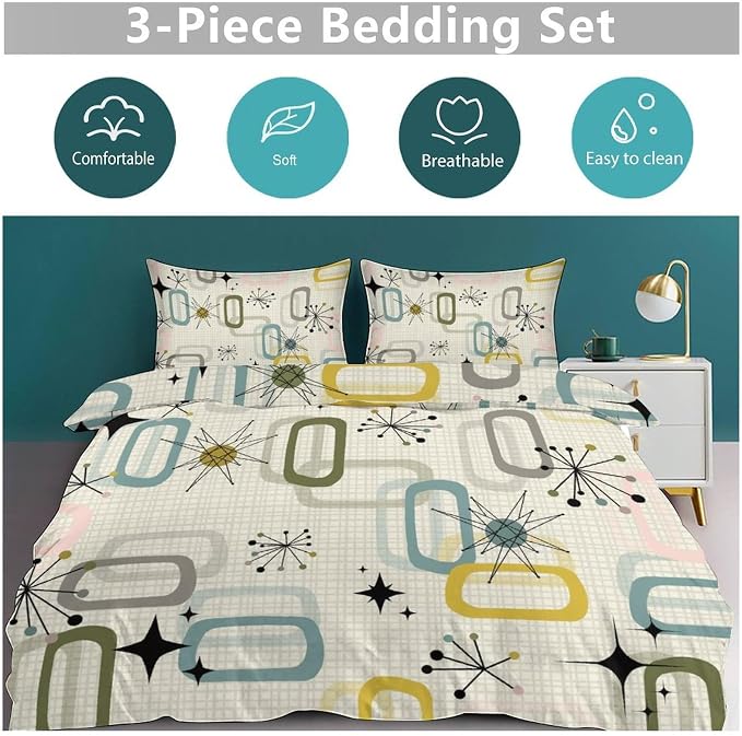 Modern Geometric Bedding Set,Retro Mid Century Colorful Diamond Abstract Geometric Vintage 60s 70s Pattern Comforter Set with Pillowcase for Bedroom Bed Decor,Queen 90"x90"