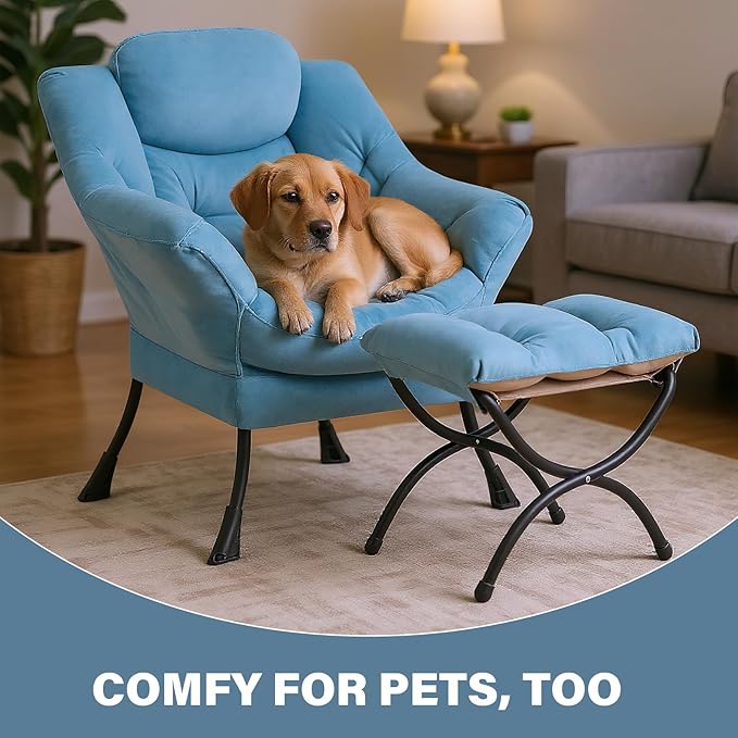Tiita Lazy Chair with Ottoman, Blue Chiars Modern Large Accent Armchair, Comfy Leisure Sofa Reading Chair with Footrest for Bedroom, Living Room, Dorm Rooms, Garden, Velvet Light Blue