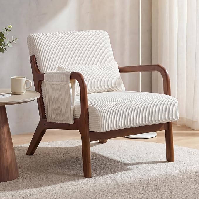 DUMOS Mid Century Modern Accent Chair, Upholstered Armchair with Lumbar Pillow and Solid Wood Frame, Comfy Reading Chair for Small Living Room, Bedroom, Guest Room, Beige