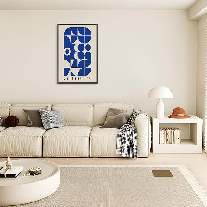 Vintage Bauhaus 1919 Geometric Framed Poster Blue And White Geometric Composition Canvas Wall Art Minimalist Abstract Prints Painting For Home Bedroom Dorm Wall Decor 24x36in Framed