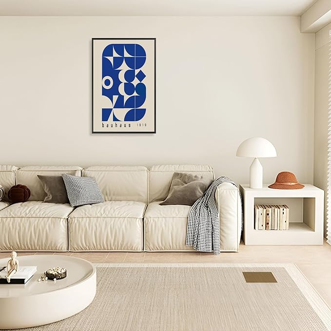 Vintage Bauhaus 1919 Geometric Framed Poster Blue And White Geometric Composition Canvas Wall Art Minimalist Abstract Prints Painting For Home Bedroom Dorm Wall Decor 12x16in Framed
