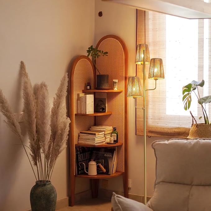 Boho Floor Lamp for Living Room: 3 Light Rattan Floor Lamp for Bedroom, Gold Standing Lamp with Foot Switch, Coastal Rustic Tall Lamp, No Bulb