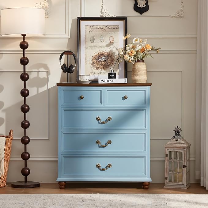 Farmhouse 5 Drawer Dresser for Bedroom, 35" Tall Rustic Chests of Drawers w/ 4 Solid Wood Feet, Mid Century Modern Wooden Closet Storage Dressers Organizer for Living Room, Hallway,Light Blue