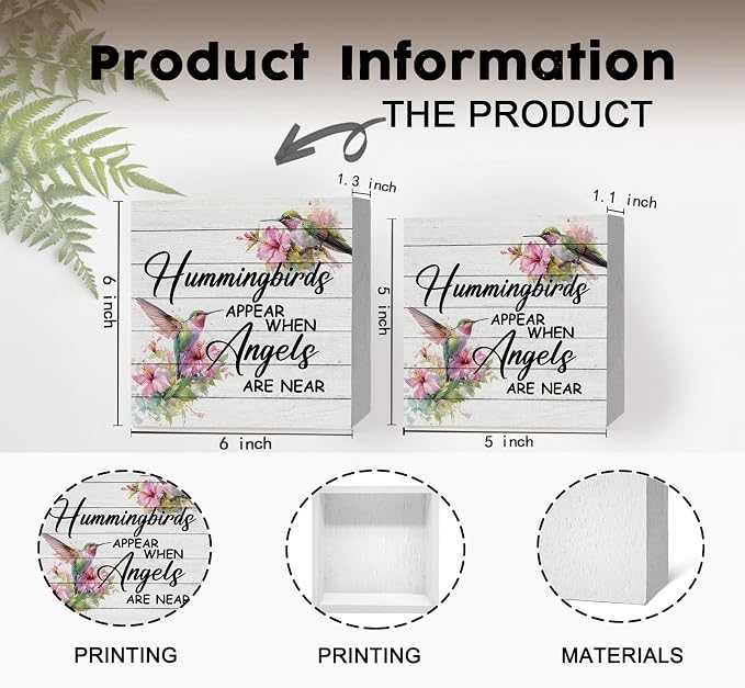 Hummingbird Decor, Hummingbird Gifts For Women, Hummingbirds Appear When Angels Are Near Wooden Box Signs, Farmhouse Floral Bird Wood Decoration Home Decor For Desk Table Shelf 6x6 Inch Decorative Signs & Plaques
