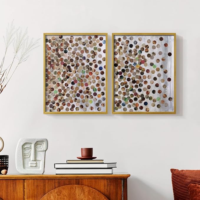Renditions Gallery Set of 2 Peel & Stick Framed Prints, Textured Abstract Wall Art, Scattered Circular Cutouts Wall Decor, Re-Stickable - Ready to Hang - 8"x10" - GOLD Frame LT588