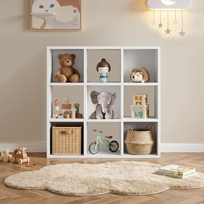 LUCKLIFE 9-Cube Storage Organizer, Stackable Modular Bookcase Shelf with Vertical or Horizontal Use, Fits 11×11" Bins, Optional Back Panels, for Living Room, Office, White