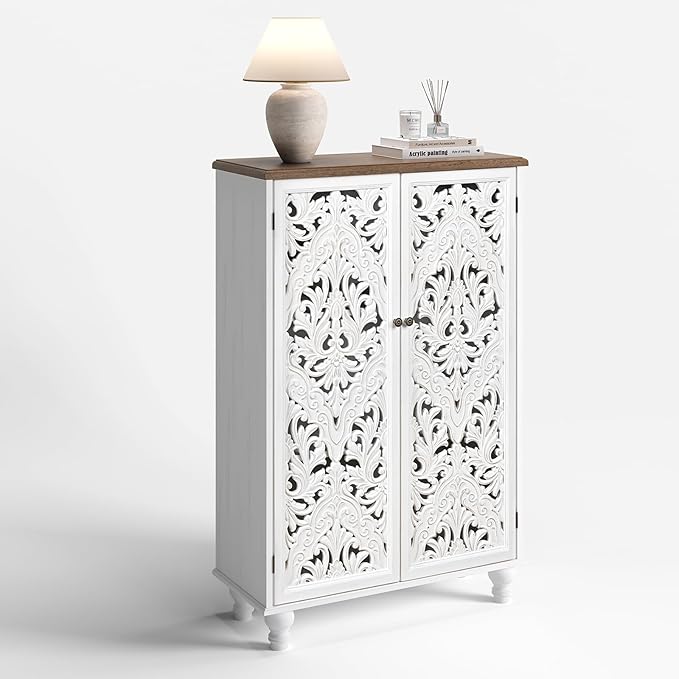 47" Tall Accent Cabinet with Carved Doors, Distressed White Wood Storage Cabinet with 3-Tier Shelves, Boho Farmhouse Sideboard Buffet for Small Spaces, Entryway & Living Room