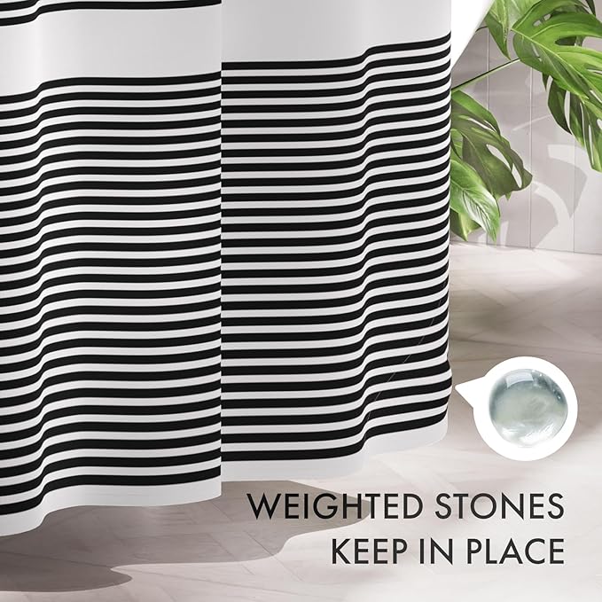 AmazerBath Shower Curtain, Striped Black Fabric Shower Curtain Set with 12 Shower Curtain Hooks, Rustic Cloth Black and White Curtain, Farmhouse Bathroom Shower Curtain Sets, 72x84 Inches