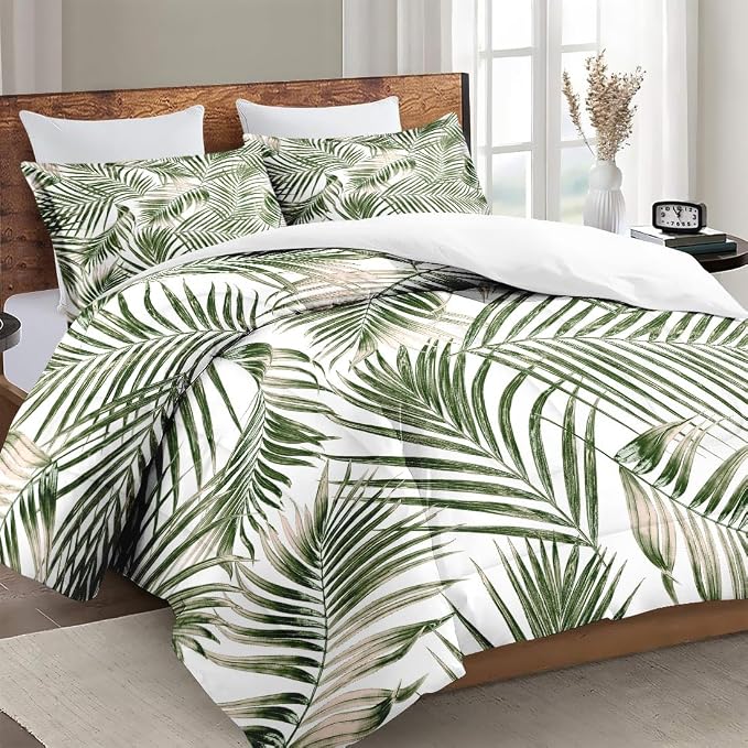 Comforter Set with 2 Pillowcases King Size, Tropical Palm Tree Fronds Green Leaves, Bed Decor Botanical Plant Palm Leaf for Kids and Adults, Soft Cozy Bedroom Bedding Set