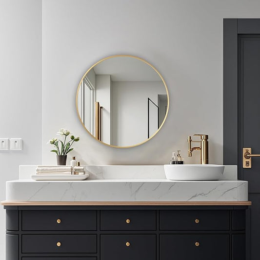 Round Mirror, Wall Mounted Circle Mirror with Brushed Metal Frame, Circular Mirrors for for Bathroom, Living Room, Vanity, Bedroom, Entryway, 20inch, Gold
