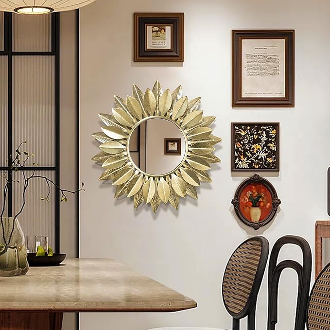24" Gold Sunburst Decorative Wall Mirror – Handmade Flower Design, Luxury Round Accent Mirror Boho Wall Decor for Bedroom,Entryway, Dining Room & Kitchen