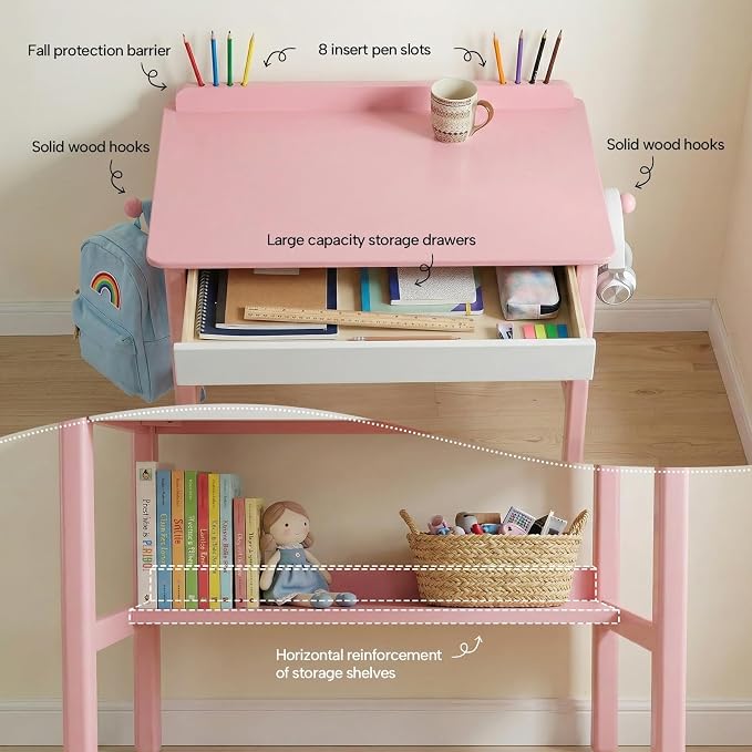 Solid Wood Study Desk & Home Office Writing Table with Drawers, 31" Vintage Mid Century Modern Computer Desk, Home Office Workstation for Bedroom, Small Spaces, Apartment(Pink,31.5 Inch Wide)