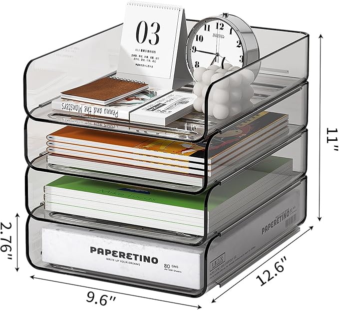 FANXIYQ 4-Tier Acrylic Paper Tray Organizer, Smoked Brown Stackable Desk File Organizer for Documents, Files, Letters, A4 Paper, Books, Notes, Mail & Paper Storage, Office Classroom Home