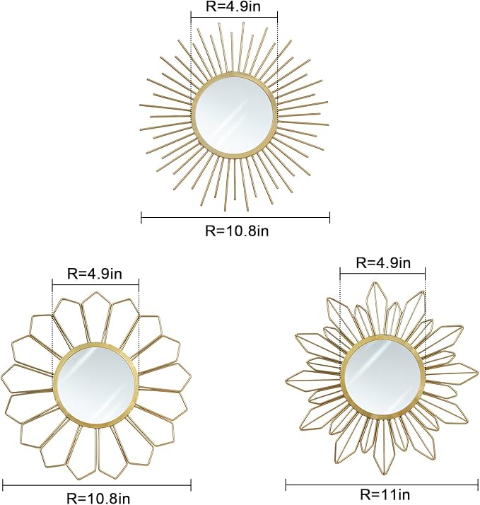 hogardeck Metal Mirrors Wall Decor - 3 Pcs 11" Metal Sunburst Flower Wall Mirrors Home Décor, Decorative Hanging Wall Art for Living Room, Bedroom, Kitchen, Bathroom, Entryway
