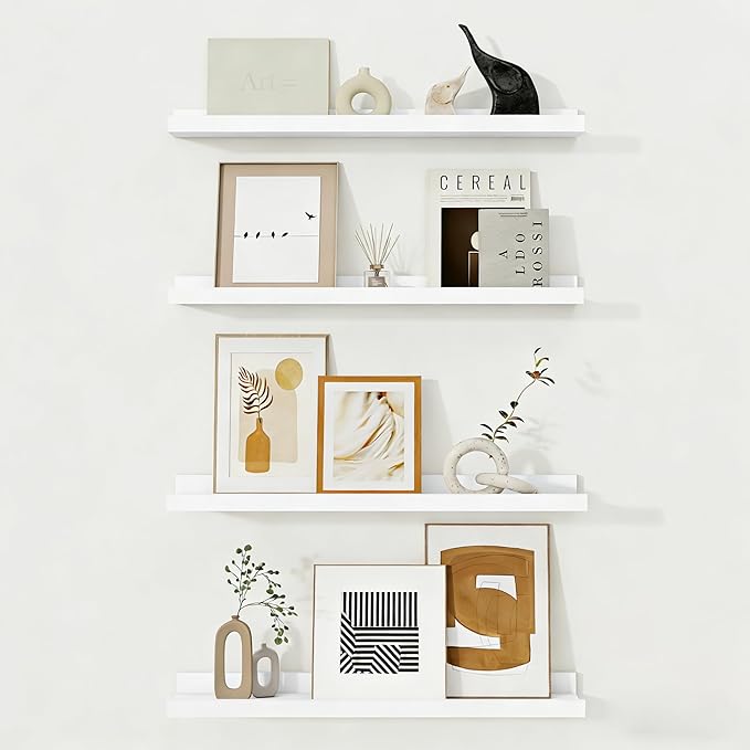 Fun Memories Picture Ledge Shelf, White Floating Shelves Set of 4, 24 Inch Picture Shelves for Wall with Ledge, Large Nursery Book Shelf for Toys Storage, Living Room, Bedroom Decor Frames