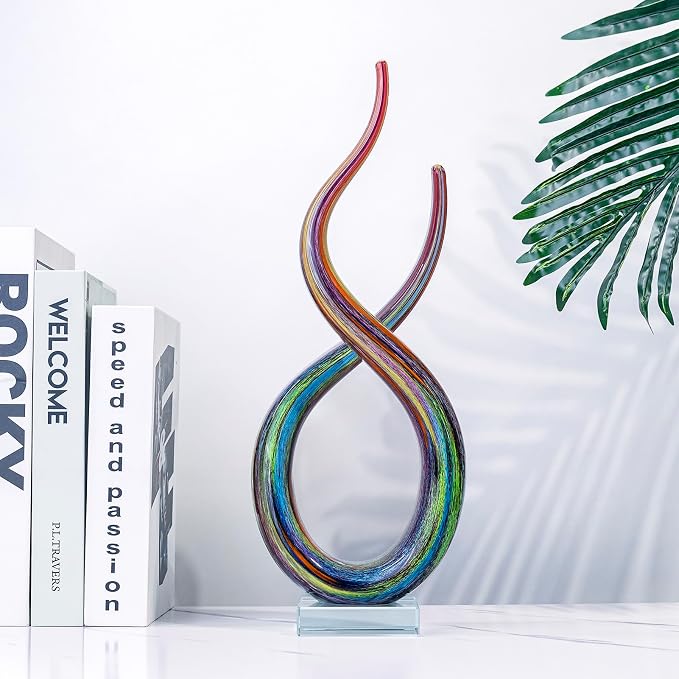 Hand Blown Murano Style Glass Sculpture, 14" Double Spiral Infinity Music Note Figurine Collectible, Modern Abstract Home Decor for Living Room Office Aquarium, Unique Gift for Art Lovers
