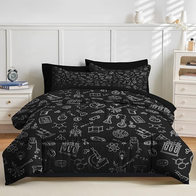 Nesker Comforter Set Twin Size, Science Lab School 5 Pcs Bedding for Kids and Adults, Medical University Chemistry Bed Sheet Sets with Fitted Sheet Pillowcase & Sham