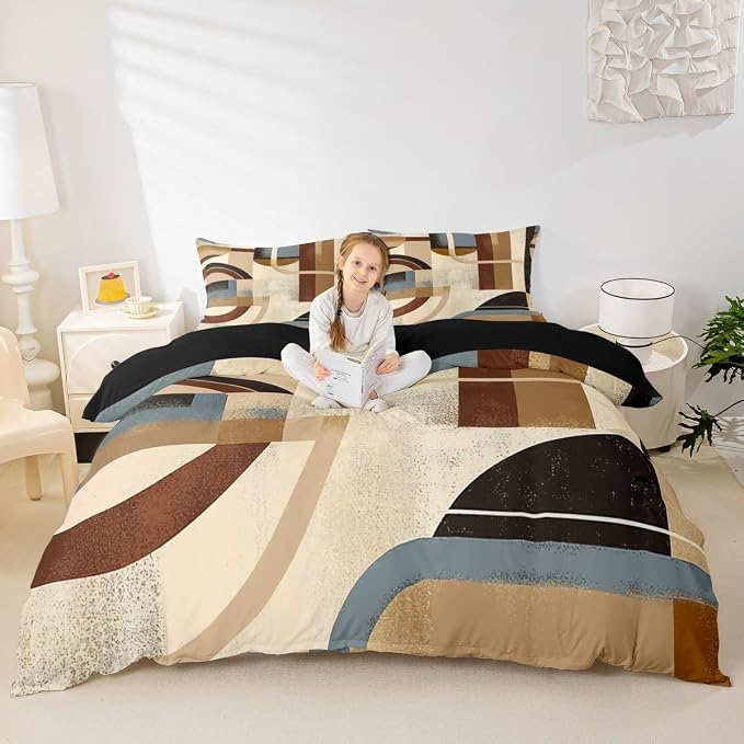 Geometric Striped Circle Duvet Cover Set King Size,Abstract Graffiti Retro Art Bedding Set,Boys Girls Room Decor,Minimalist Aesthetic Chic Comforter Cover,Brown Quilt Cover,2 Pillowcases(No Filler)