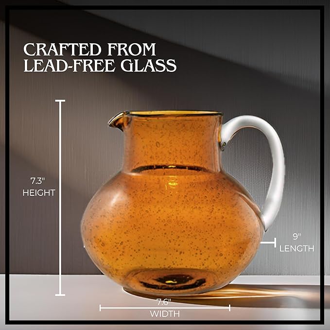 ARTLAND Iris 90oz Hand Blown Pitcher & Double Old Fashion 14oz Glasses (Set of 4) - Lead-Free Bubble Shape Glassware for Stylish Serving and Dining - Kitchen Essential & Table Decor (Amber)