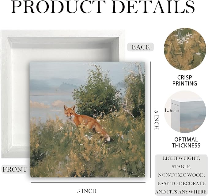 Forest Fox Wooden Box Sign Desk Decor, Gifts for Fox Lovers, Cottagecore Rustic Wild Animal Wood Signs for Home Living Room Office Desk Table Shelf Decorations, 5x5 Inch