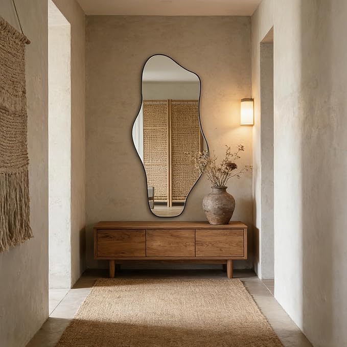 Irregular Mirror, 59"x25.5" Asymmetrical Full Length Mirrors, Large Abstract Frameless Mirror Decorative, Unique Shaped Mirrors for Living Room Bathroom Bedroom Hallway Entryway Fireplace