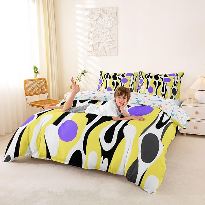 Erosebridal Organic Abstract Duvet Cover Set Modern Contemporary Full Size Bedding Sets for Tween Boys Girls Boho Mid Century Wavy Lines Comforter Cover Retro Geometric Bed Set,Yellow Purple