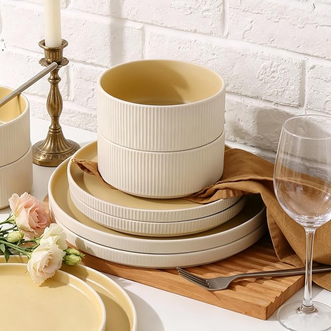 MONITO Ceramic Dinnerware Sets for 4, 12PCS Stoneware Plates and Bowls Sets, Reactive Glaze Dish Set, Chip and Scratch Resistant Double, Microwave and Dishwasher Safe, White Orange