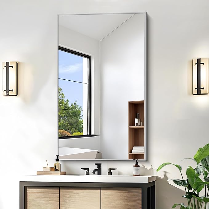 KOCUUY Silver Framed Mirror, 24"x40" Rectangle Bathroom Mirror for Wall, HD Tempered Glass, Anti-Rust Frame, Modern Design for Bathroom, Bedroom, Living Room, Entryway