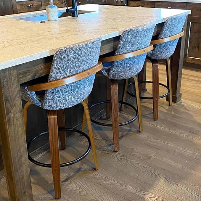 LUNLING 29.5" Bar Height Barstools Set of 2,Mid Century Modern Retro Bar Chairs Charcoal Gray Linen Look Fabric Upholstered and Walnut Wood Frame for Home Bar Furniture(Light Grey)