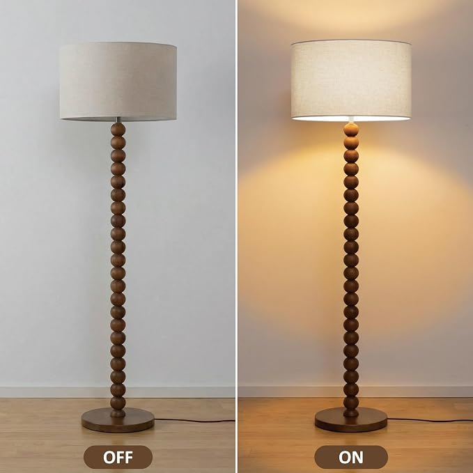 Buruis 61" Beaded Wood Floor Lamp with 17.2" Large Linen Shade, Retro Mid-Century Accent Walnut Finish Standing Lamp for Living Room, Bedroom, Office, Corner, UL Listed, Bulb Not Included, Cream
