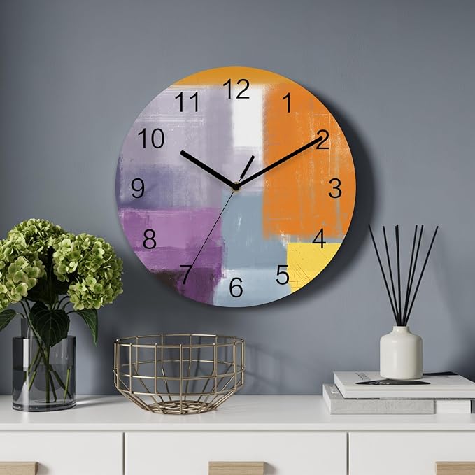 Abstract Painting Art Style Purple Orange Grey Yellow Wall Clock Battery Operated Non-Ticking 10" Round Wood Clocks, Kitchen Wall Clock for School Bathroom Living Room Home Office Wall Decor