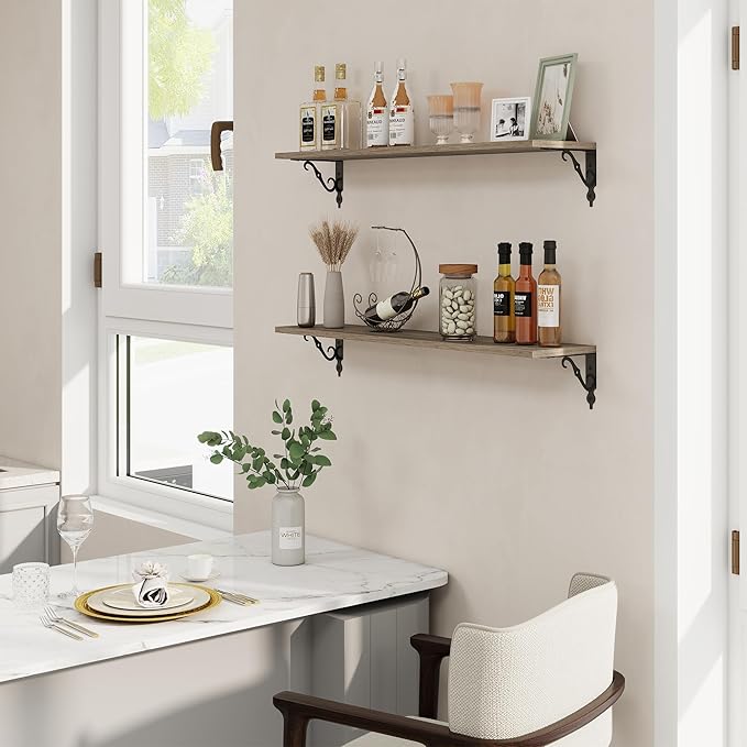 RICHFOCUS Floating Shelves for Wall Decor, 35.4W x 8D Wall Shelves Set of 2, 8 Inch Deep Rustic Wood Shelves Wall Mounted with Brackets, Long Floating Shelves for Living Room Bedroom Kitchen, Grey