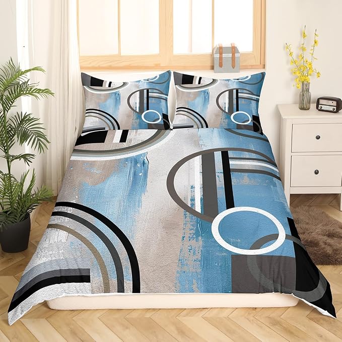 Erosebridal Ombre Geometric Duvet Cover Full Size,Navy Blue Comforter Cover for Kids Teens Youth,Grunge Bedding Set,Modern Circles Swirls Quilt Cover Watercolor Bedroom Decor 3 Piece