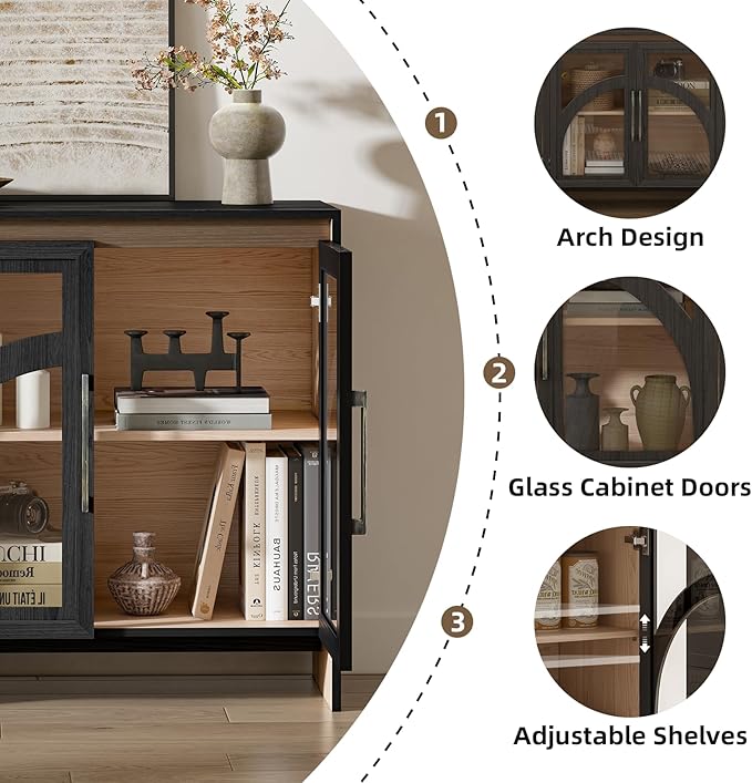 Accent Cabinet with Arched Glass Doors, 31.5” Modern Sideboard Buffet Cabinet with Adjustable Shelves, Storage Cabinet for Living Room, Entryway, Dining Room, Coffee Bar, Black & Oak